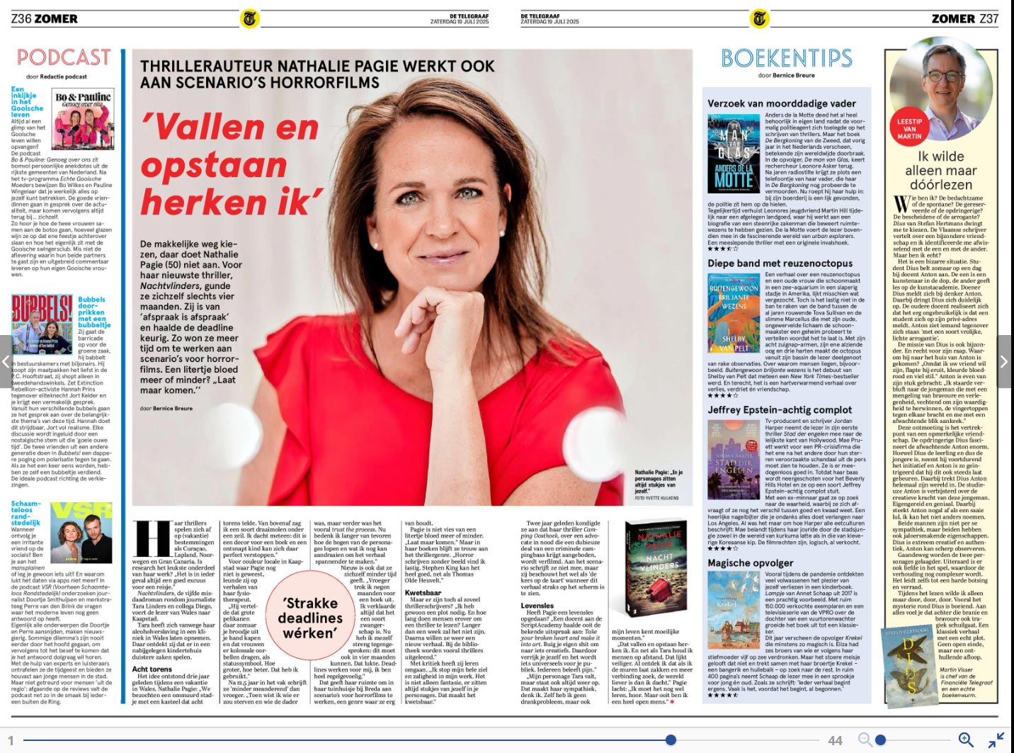 Nathalie Pagie in de Telegraaf: ik schrijf niet alleen thrillers, maar werk ook aan scenario's voor horrorfilms.